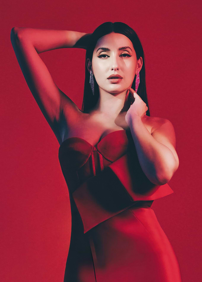 nora fateh in Red Dress Posing