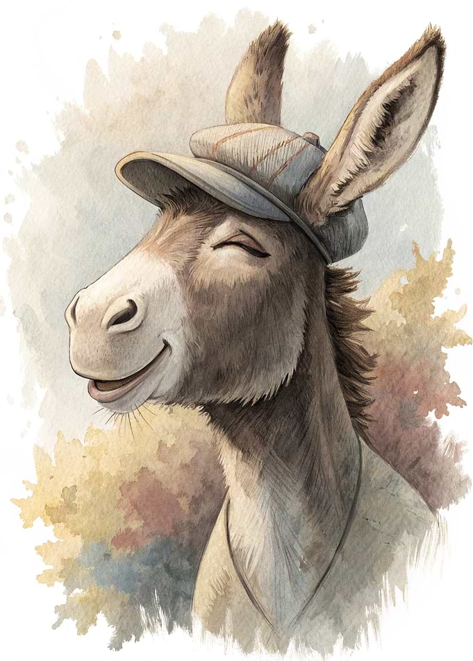 Smiling Donkey Wearing a Cap