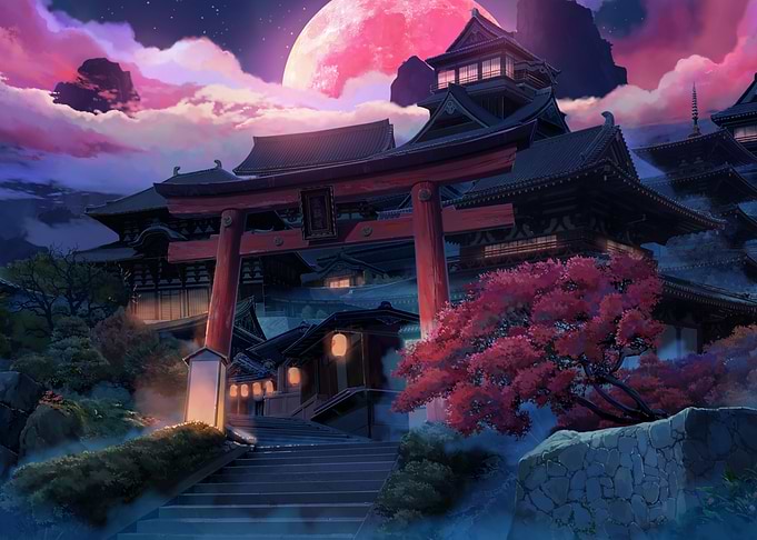 Japanese Temple Under a Pink Moon