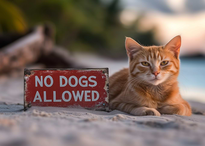 Cat on Beach with No Dogs Allowed Sign