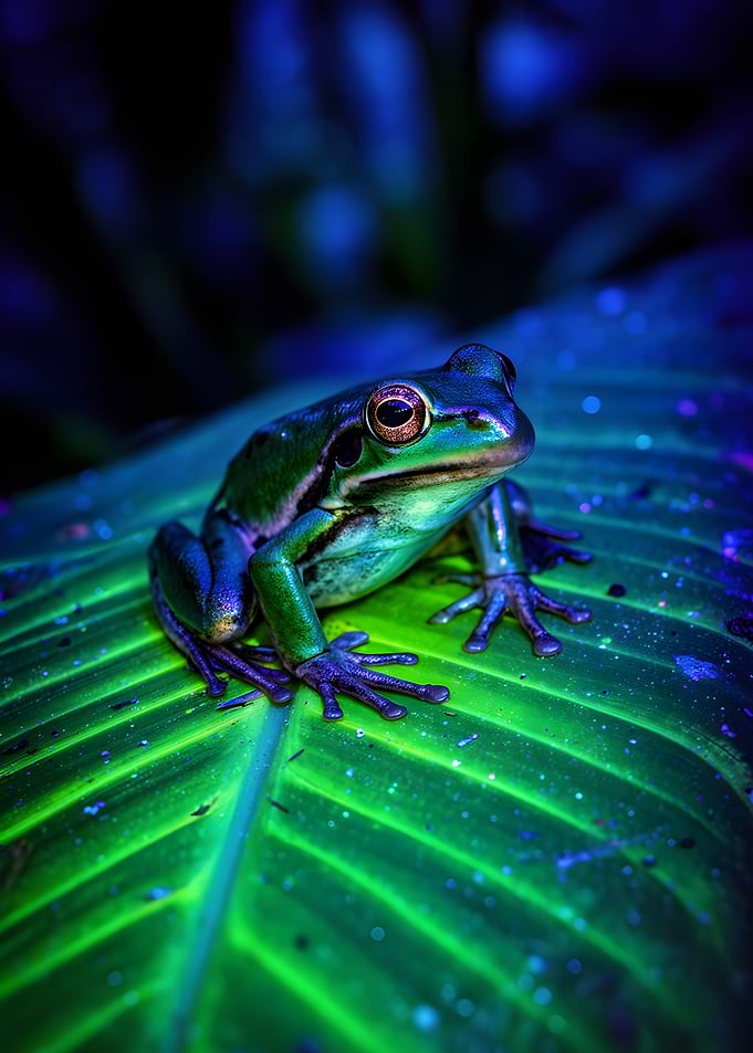 Frog on a glowing leaf