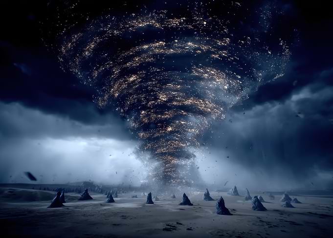 Cosmic Tornado Over Barren Landscape