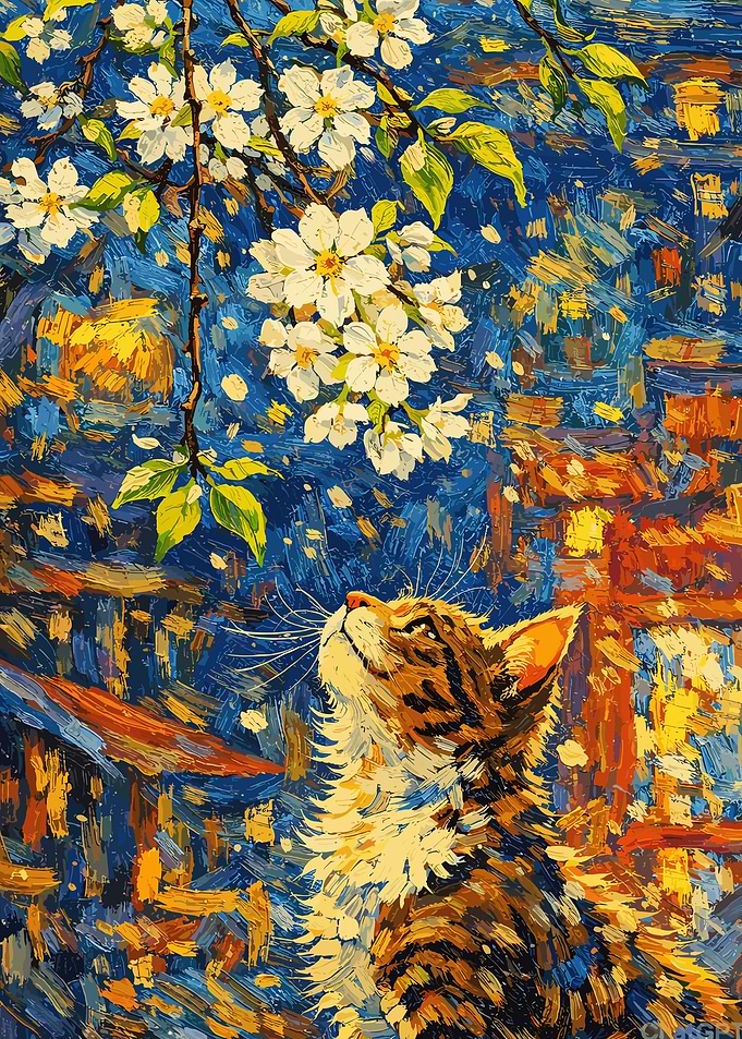 Cat looking at cherry blossoms