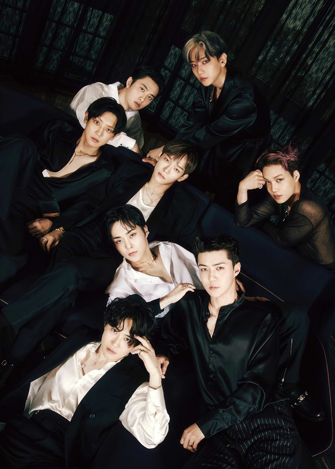 EXO Members Posing in Dark Attire