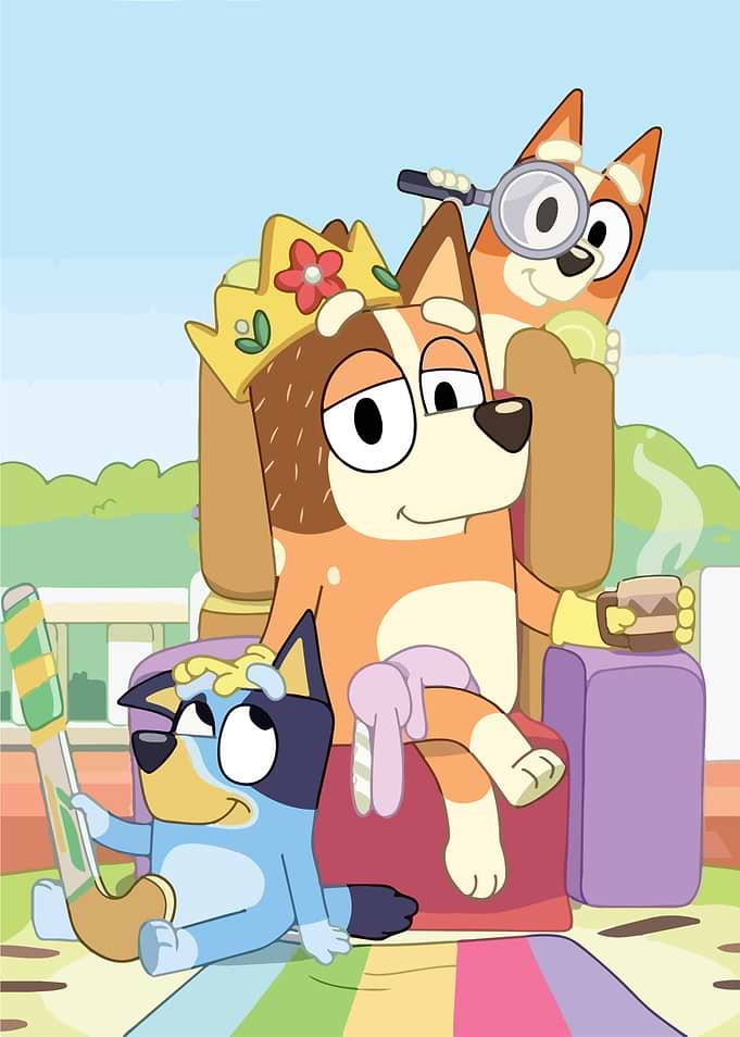 Bluey characters on a throne