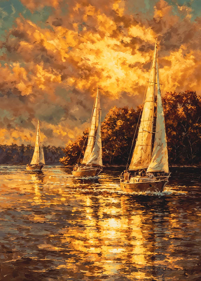 Golden Sunset Sailboats Impressionist Painting