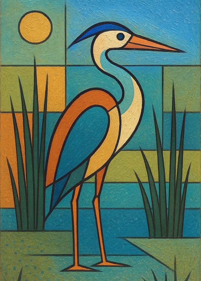 Stylized Heron in a Geometric Landscape