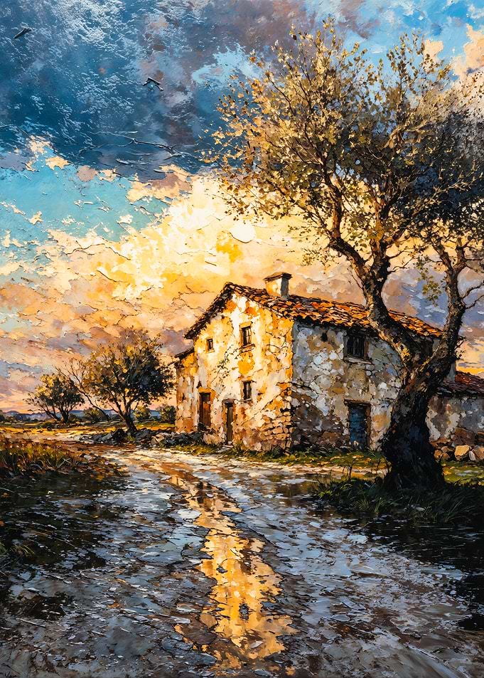 Impasto Sunset Rustic House Painting
