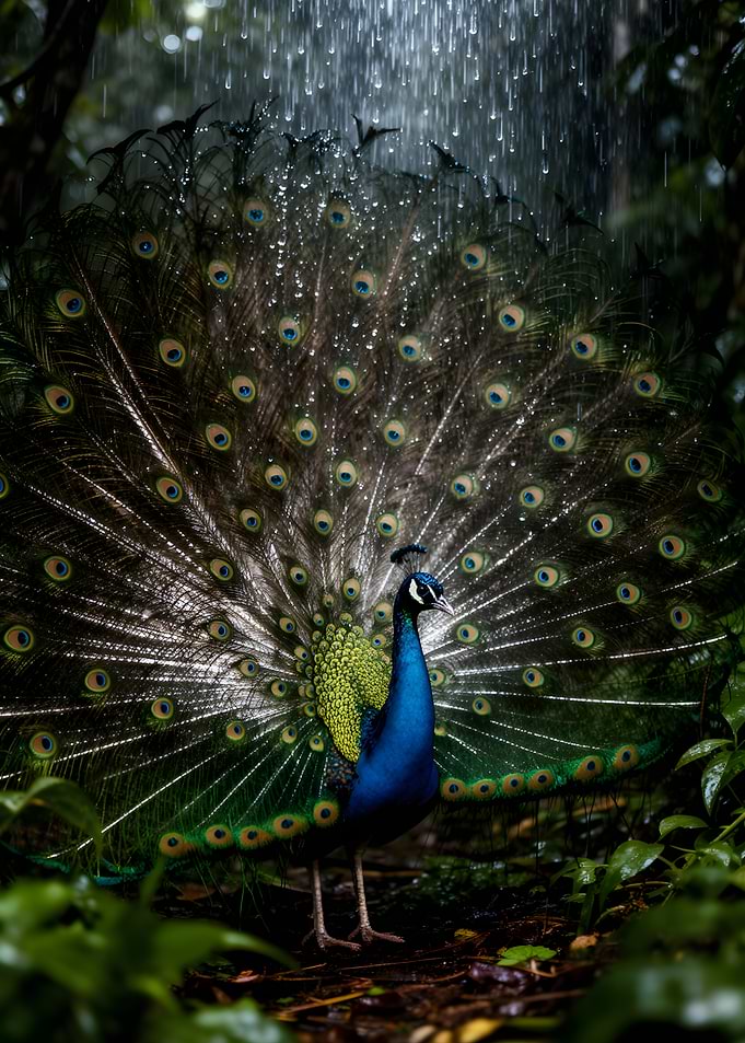 Peacock displaying feathers in the rain
