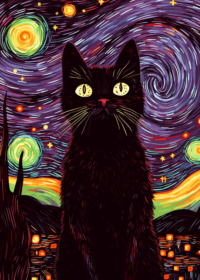 Black Cat in Starry Night Sky