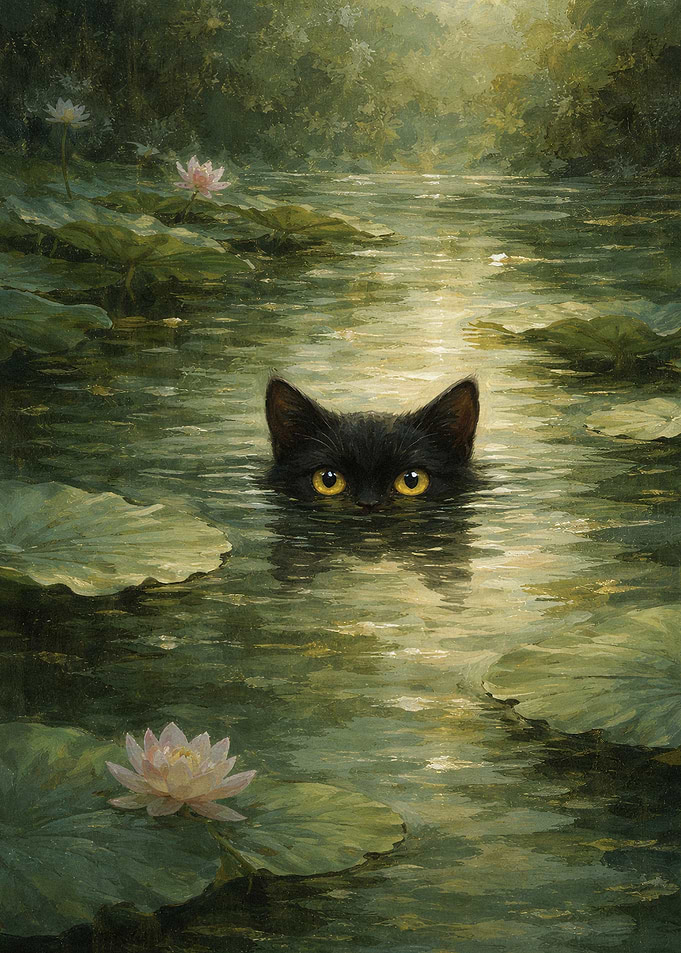 Black Cat in a Lily Pond