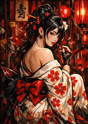 Geisha with Red Flowers and Lanterns