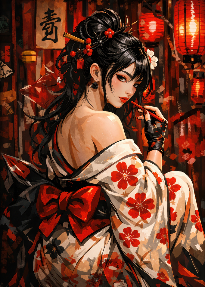 Geisha with Red Flowers and Lanterns