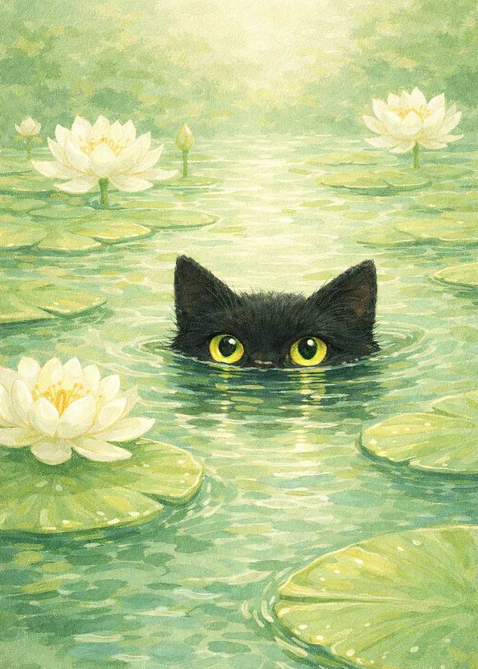 Black Cat Peeking Through Water Lilies
