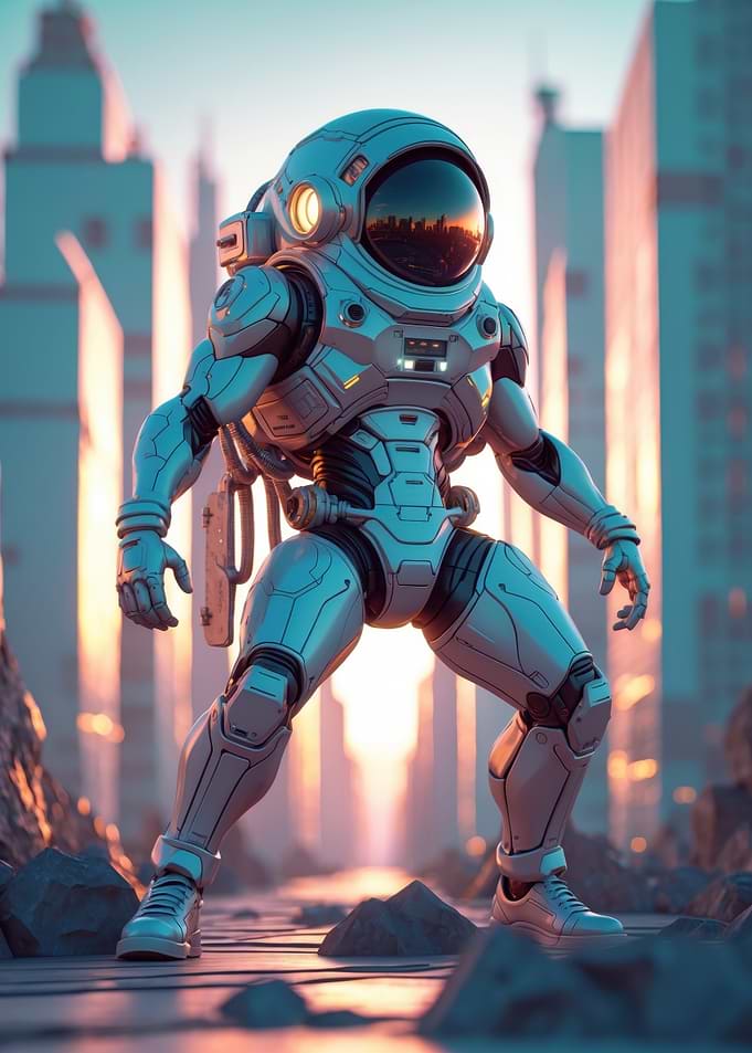 Futuristic Astronaut Explorer in Urban Sunset