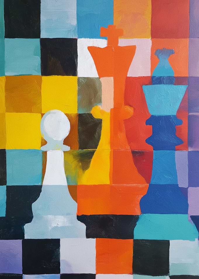 Abstract Chess Pieces on Colorful Board