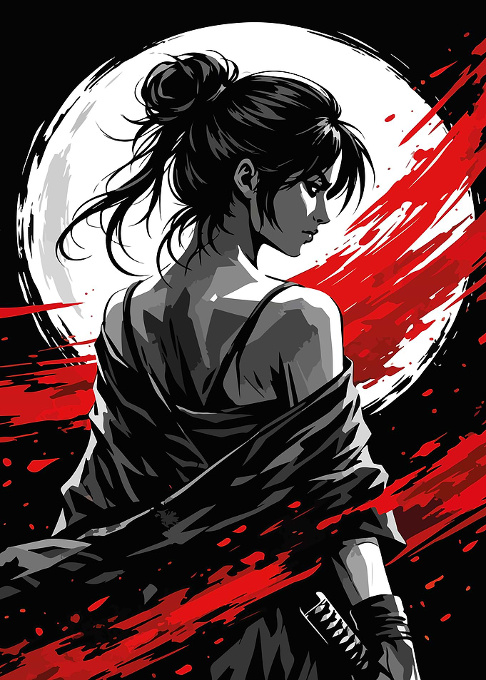 Samurai Woman Under the Moon