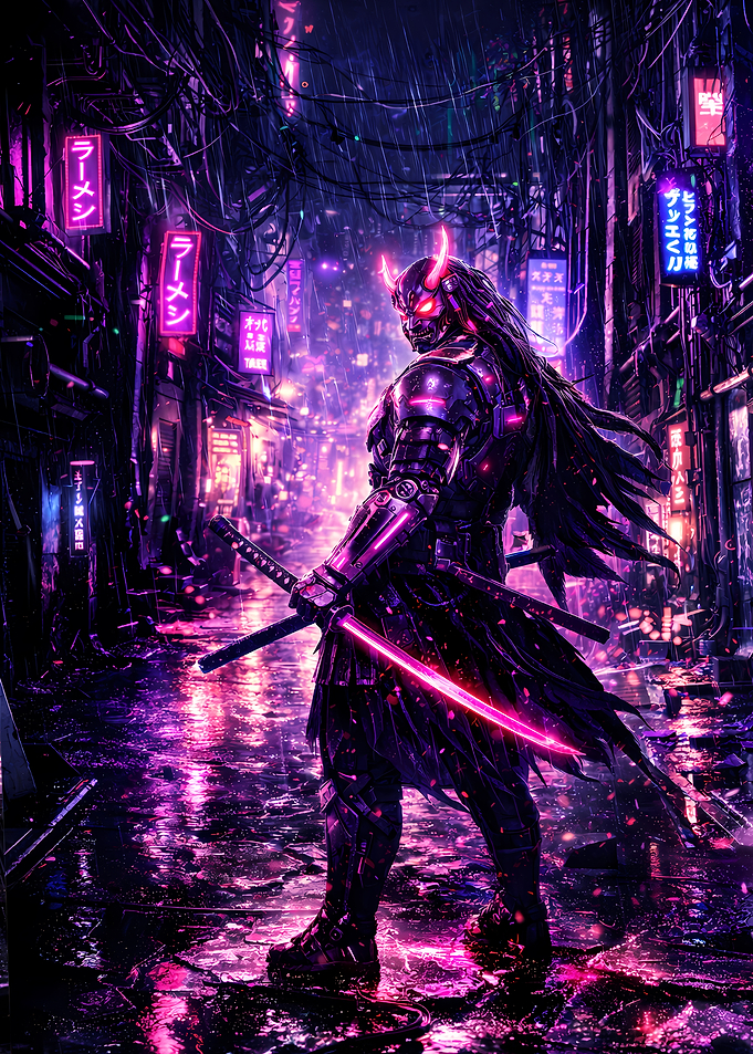 Cyberpunk Samurai in Neon Alley - Neon Ronin Poster (Cyber Samurai Edition)