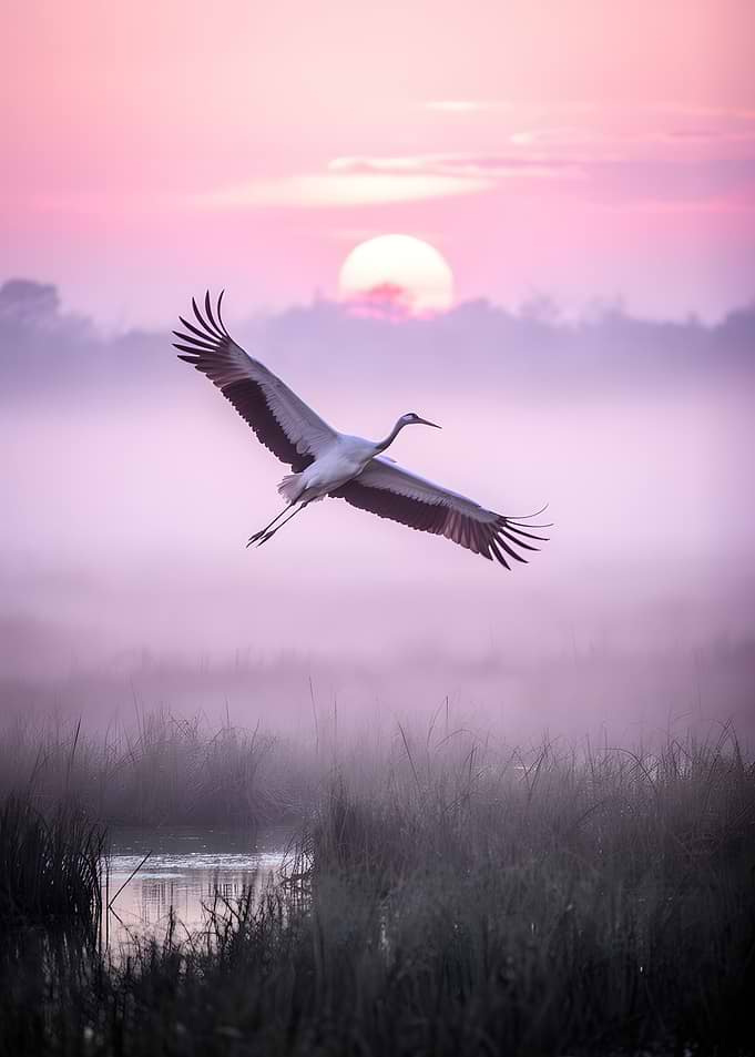 Crane flying at sunrise