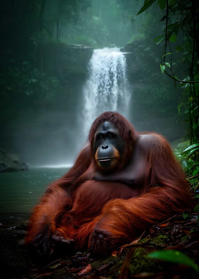Orangutan by a Waterfall