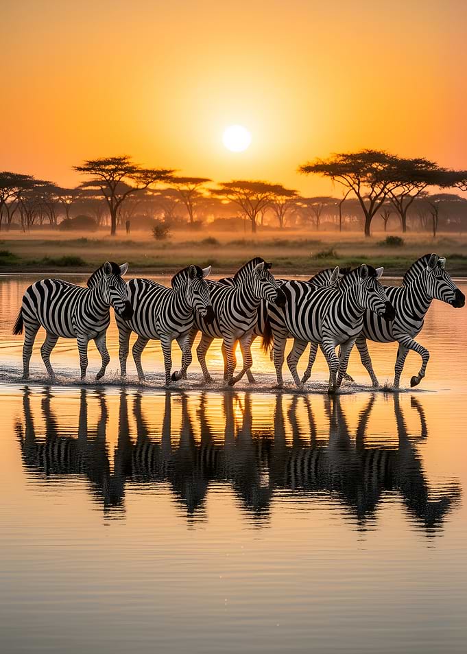 Zebras crossing water at sunset