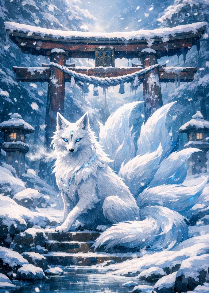 Mythical White Fox in Snowy Shrine