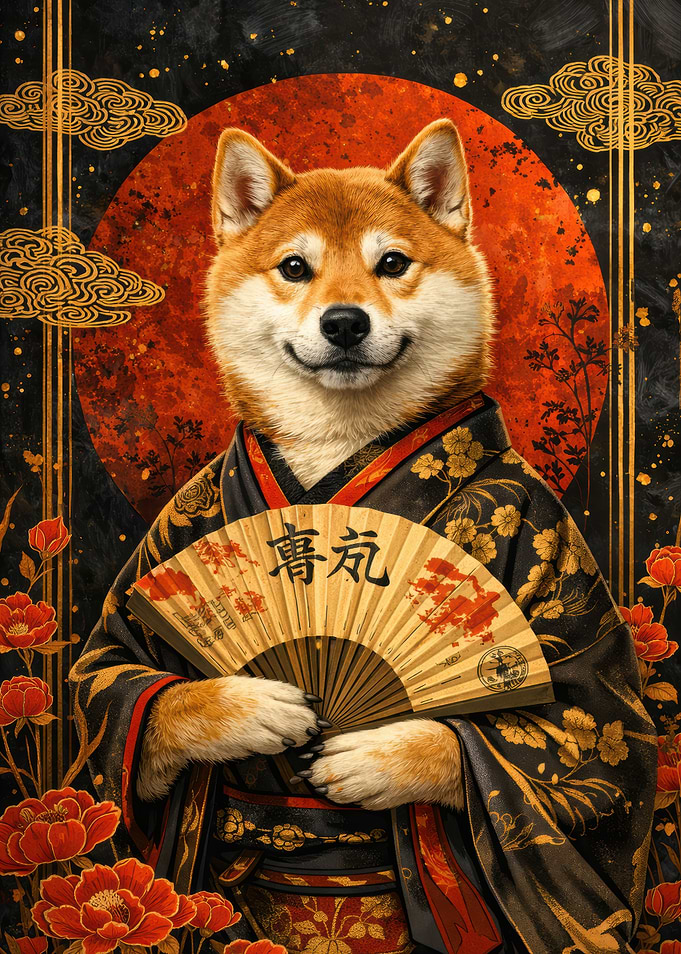 Shiba Inu in Kimono with Fan