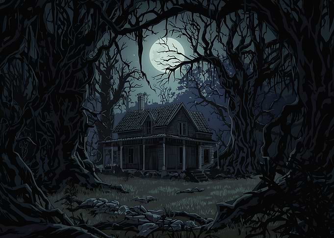 Haunted House in Moonlit Forest