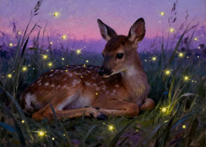 Fawn with Fireflies at Dusk