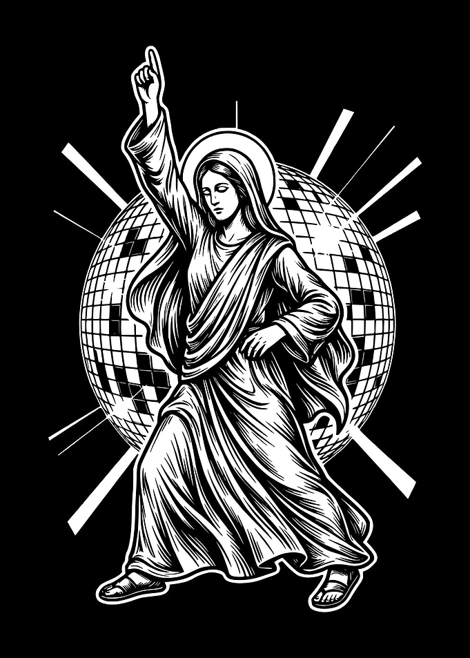 Dancing Virgin Mary with Disco Ball