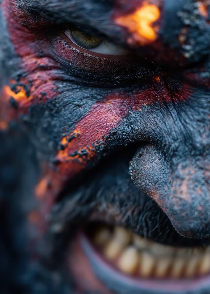 Close-up of a creature with fiery makeup