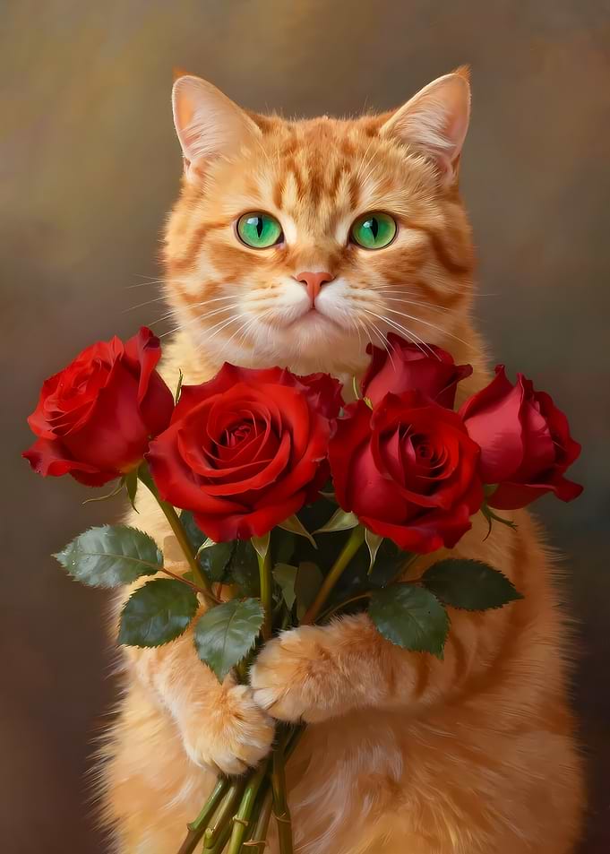 Ginger Cat Holding Red Roses