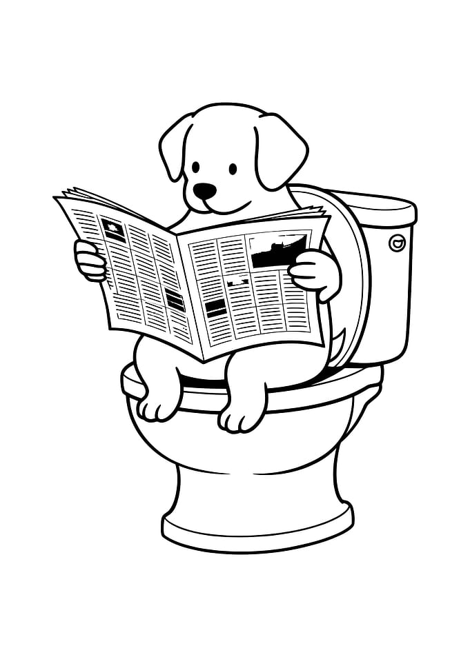Minimalist Dog reading newspaper on toilet