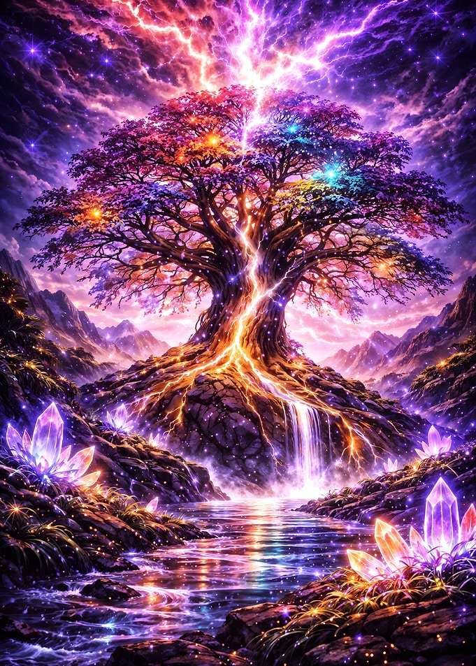 Magical Tree of Life with Lightning - Cosmic Energy Awakening