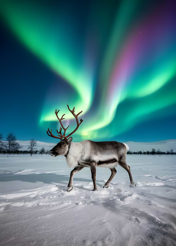 Reindeer Under Aurora Borealis