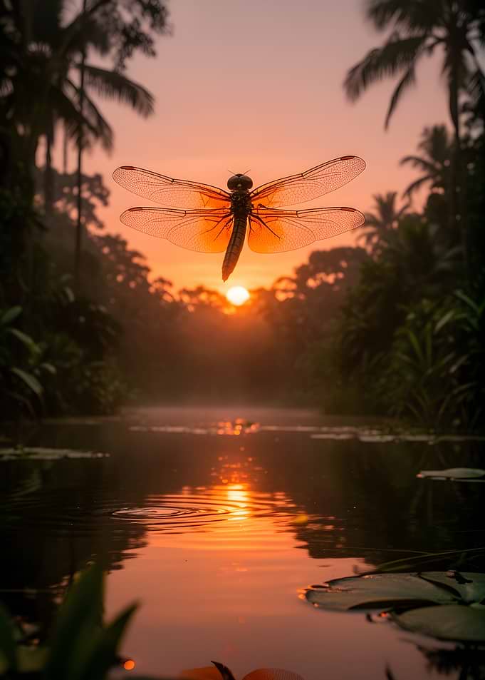 Dragonfly at Sunrise Over Water