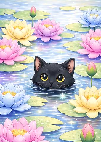 Black Cat in Blooming Lotus Pond – Cute Pastel Fantasy Wall Art