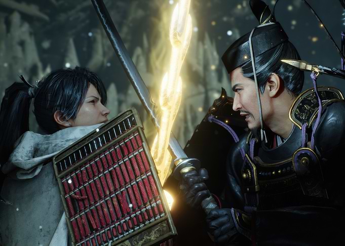 Samurai duel with glowing sword
