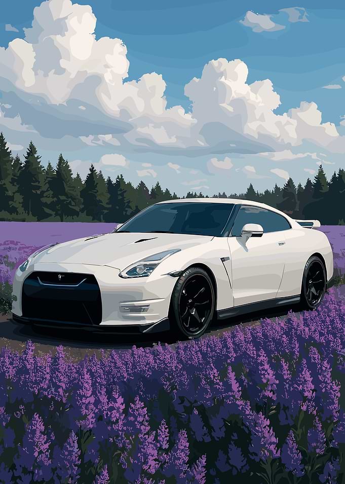 White Sport Car Lavender Landscape