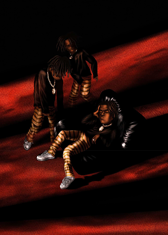 Three figures in striped pants