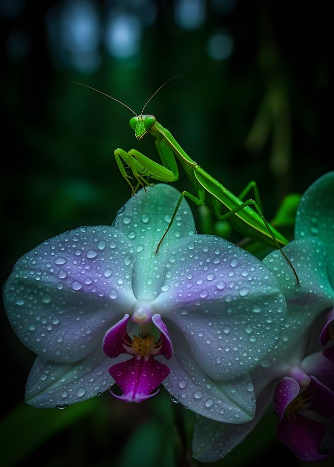 Praying Mantis on Orchid with Dewdrops