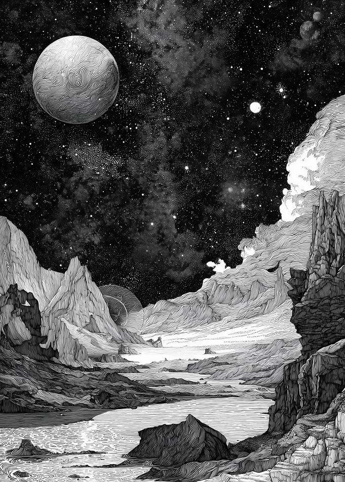 Alien Planet Landscape with Moon