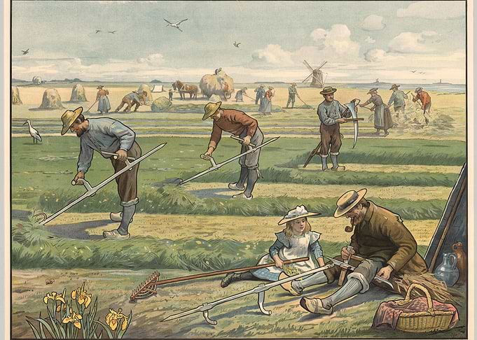 Rural Harvest Scene with Farmers and Children