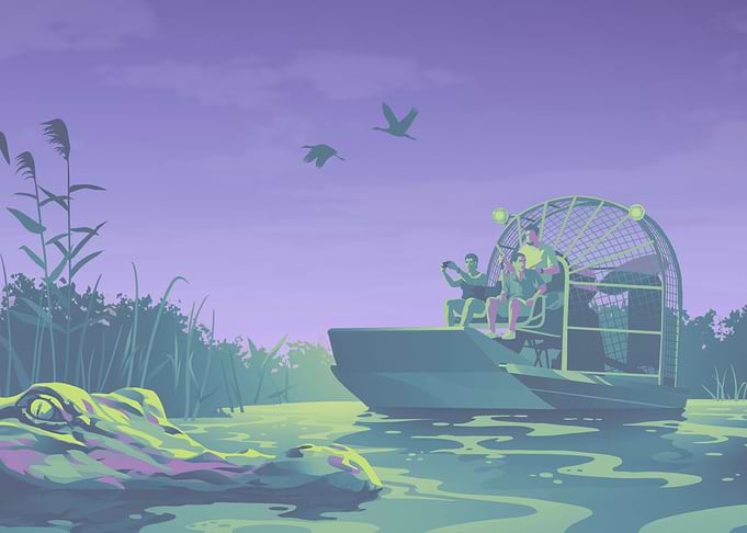 Alligator and Airboat in Swamp