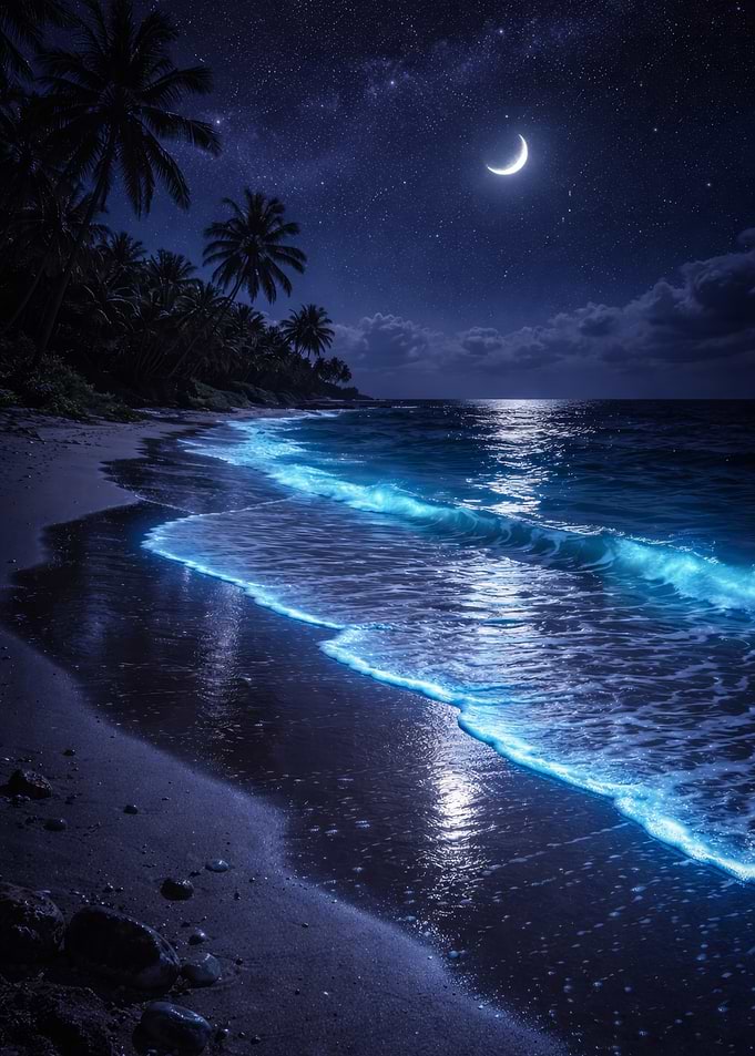 Bioluminescent Beach at Night