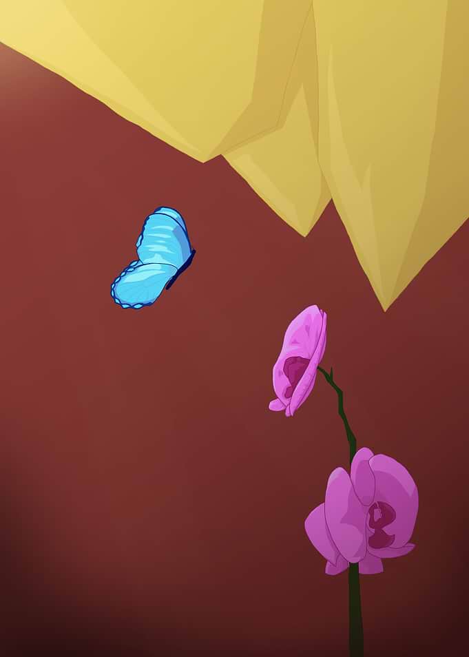 Blue Butterfly and Pink Orchids