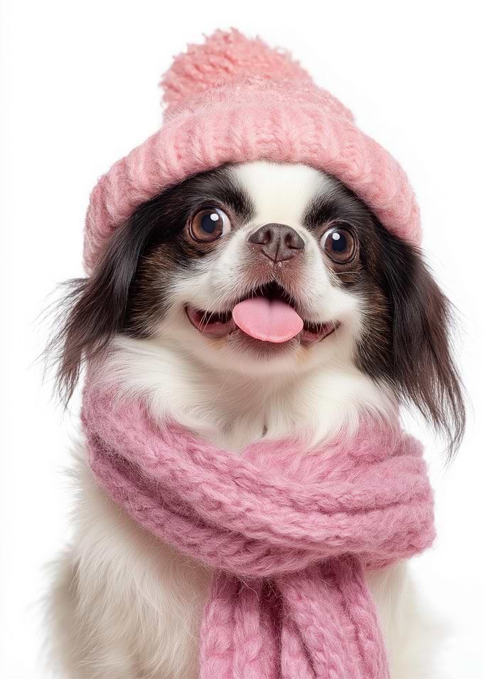 Cozy Japanese Chin Dog Wearing Pink Winter Hat and Scarf