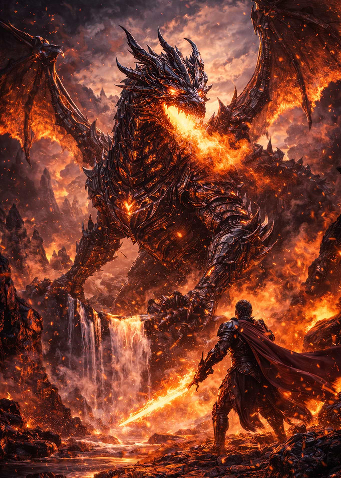Dragon vs Knight in Fiery Landscape