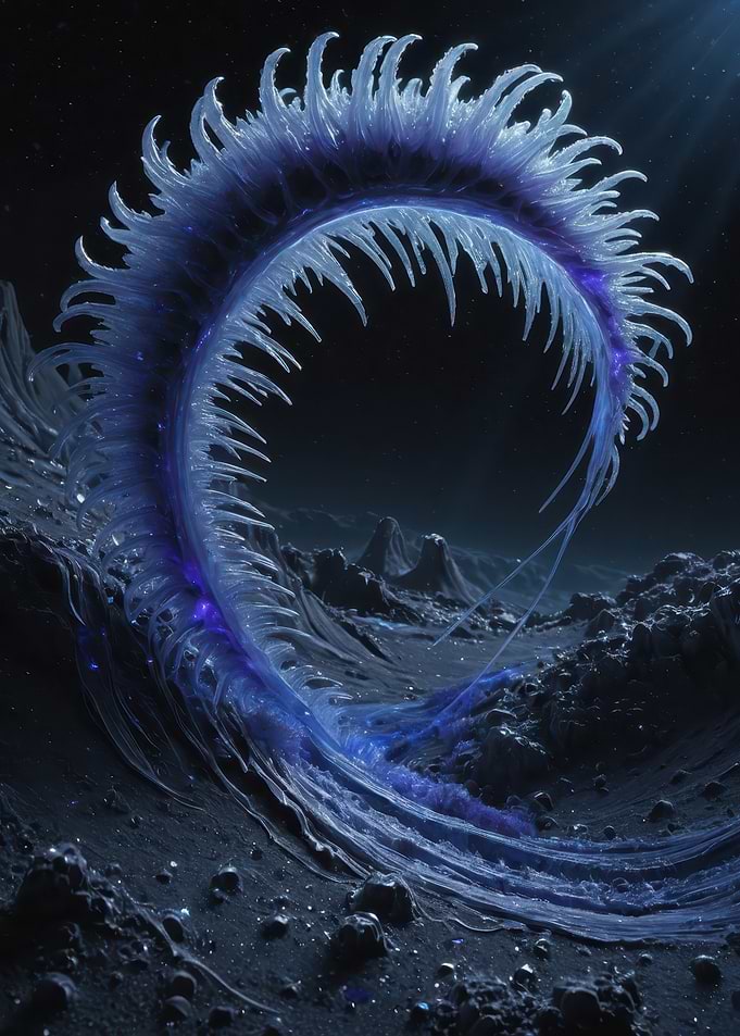 Bioluminescent Alien Ring Over a Cratered Lunar Plain