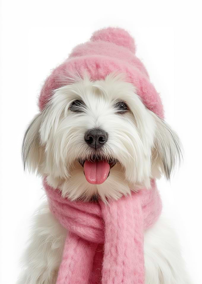 Cozy Coton de Tulear Dog Wearing Pink Hat and Scarf